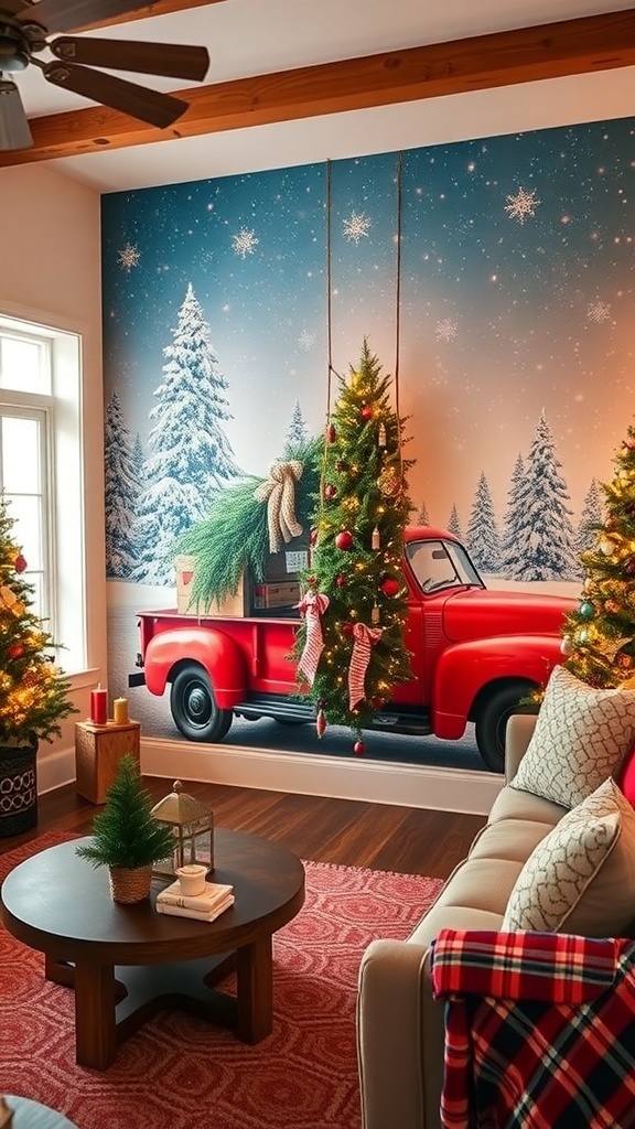 Living room with Christmas truck wallpaper, vintage truck with tree, festive decorations.